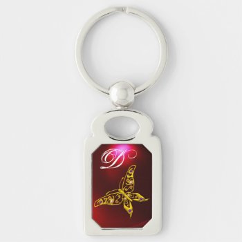 Gold Hyper Butterfly Jewel Gemstones Monogram Red Keychain by bulgan_lumini at Zazzle