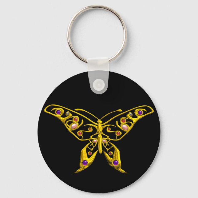 GOLD HYPER BUTTERFLY JEWEL WITH GEMSTONES ,Black Keychain (Front)