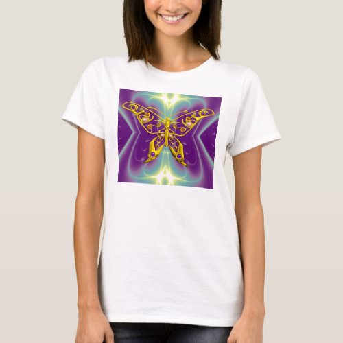 GOLD HYPER BUTTERFLY Purple Teal Fractal Waves T_Shirt