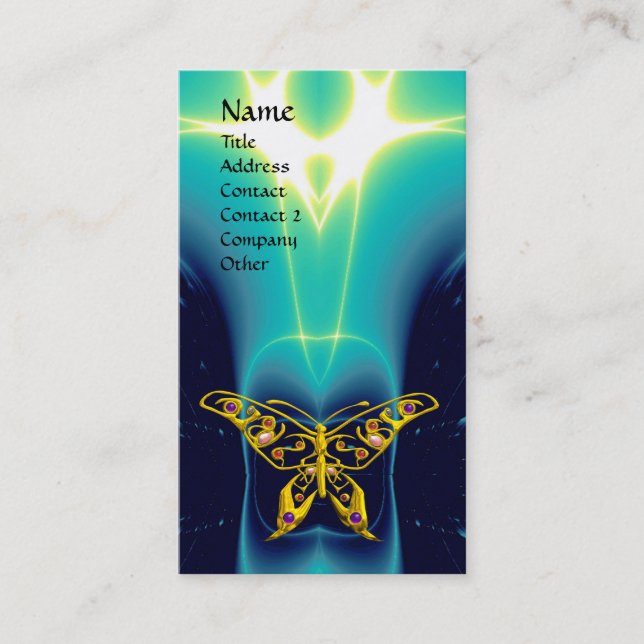 GOLD HYPER BUTTERFLY,TEAL AQUA BLUE LIGHT WAVES, BUSINESS CARD (Front)