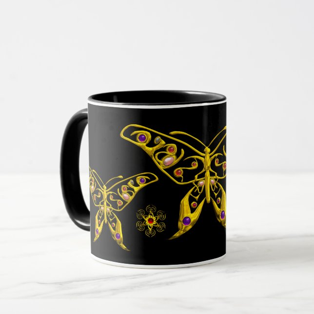 GOLD HYPER BUTTERFLY WITH COLORFUL GEMSTONES Black Mug (Front Left)