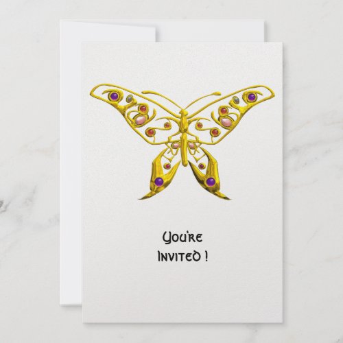 GOLD HYPER BUTTERFLY WITH GEMSTONES White Invitation