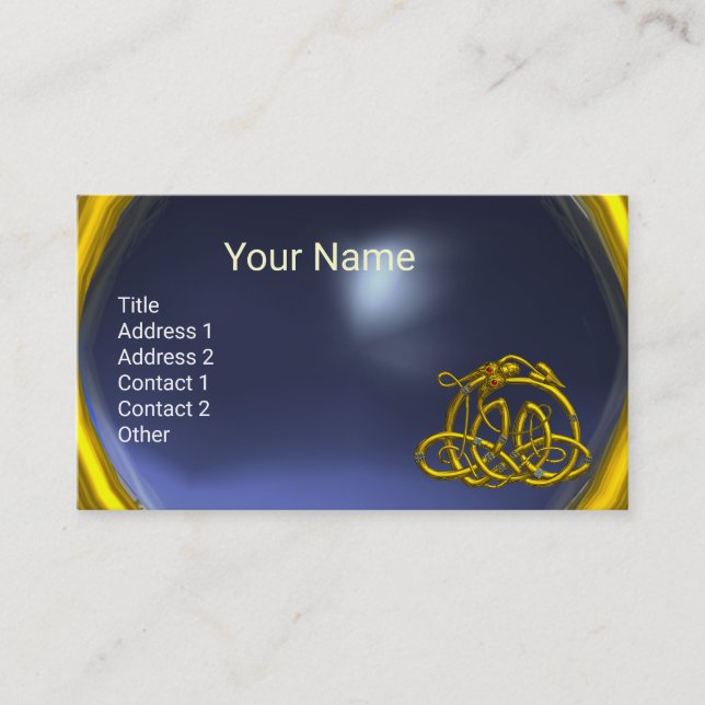 GOLD HYPER DRAGON,CELTIC KNOTS BLUE TOPAZ GEMSTONE BUSINESS CARD (Front)