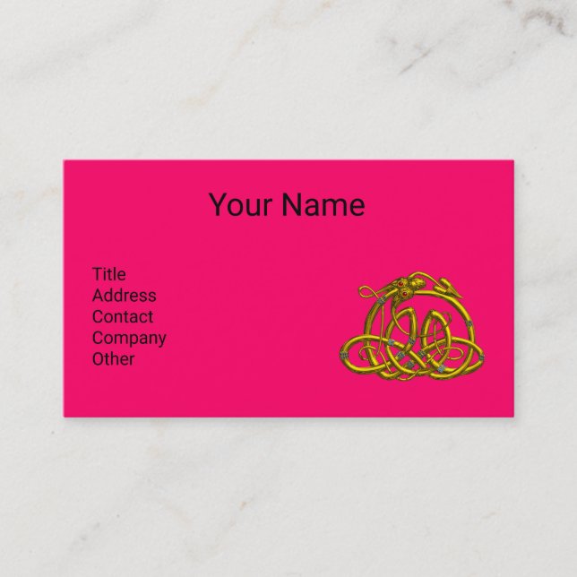 GOLD HYPER DRAGON,CELTIC KNOTS Hot Pink Fuchsia Business Card (Front)