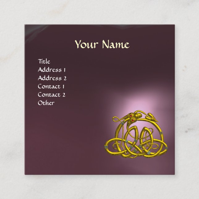 GOLD HYPER DRAGON CELTIC KNOTS PURPLE GEM MONOGRAM SQUARE BUSINESS CARD (Front)