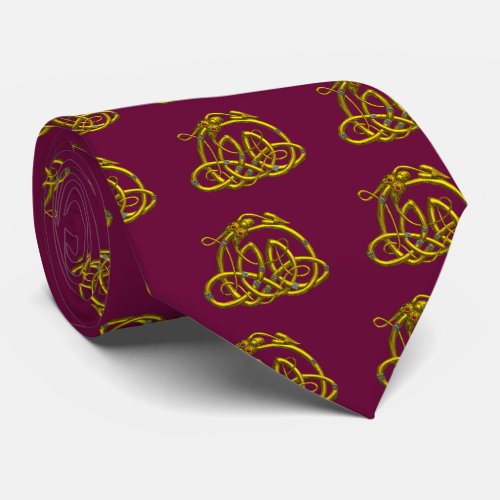 GOLD HYPER DRAGON WITH CELTIC KNOTS  Red Burgundy Tie