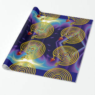 GOLD HYPER LABYRINTH / BLUE PURPLE LIGHT WAVES WRAPPING PAPER