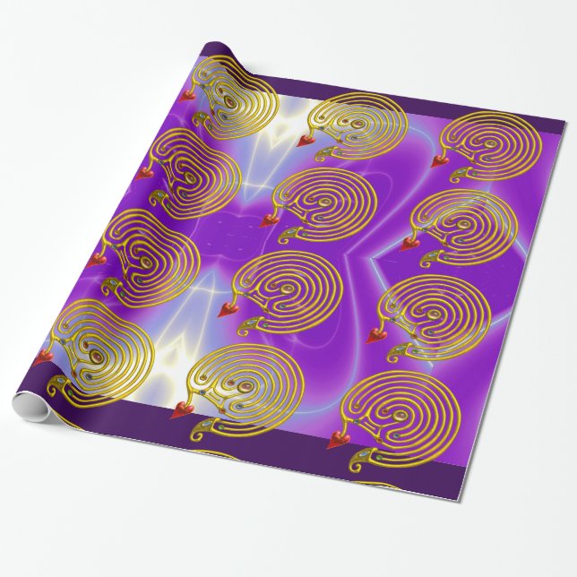 GOLD HYPER LABYRINTH,HEART,PINK PURPLE LIGHT WAVES WRAPPING PAPER (Unrolled)