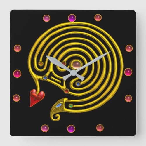 GOLD HYPER LABYRINTH PINK GEMSTONES Black Yellow Square Wall Clock
