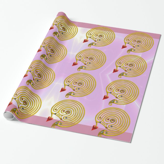 GOLD HYPER LABYRINTH  Pink Valentine's Day Heart Wrapping Paper (Unrolled)