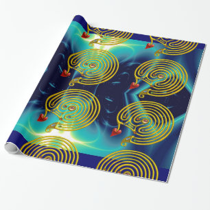 GOLD HYPER LABYRINTH ,TEAL AQUA BLUE LIGHT WAVES WRAPPING PAPER
