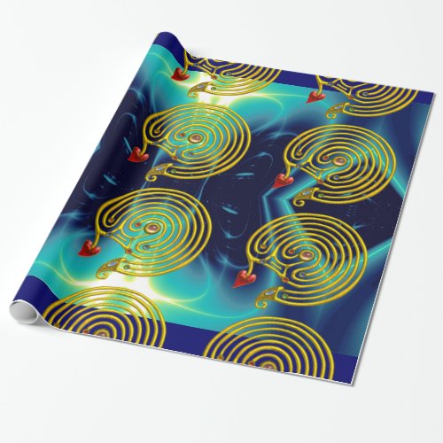 GOLD HYPER LABYRINTH TEAL AQUA BLUE LIGHT WAVES WRAPPING PAPER