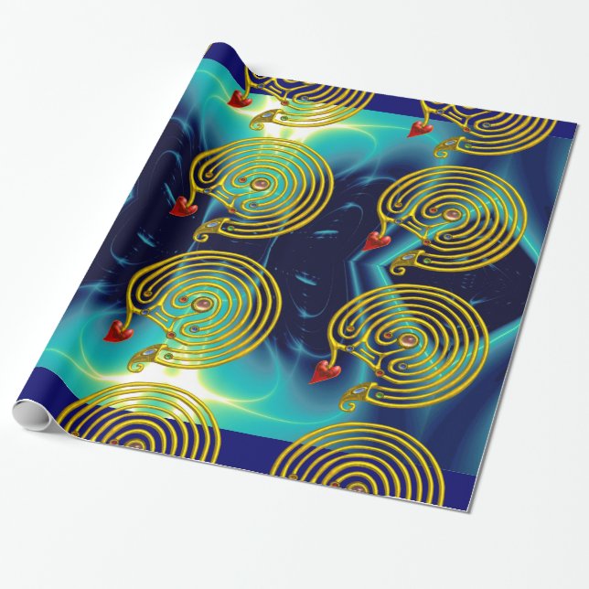 GOLD HYPER LABYRINTH ,TEAL AQUA BLUE LIGHT WAVES WRAPPING PAPER (Unrolled)