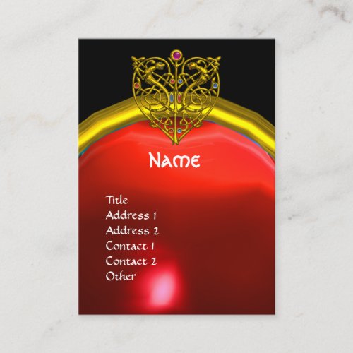 GOLD HYPER VALENTINE HEART RED RUBY MONOGRAM Black Business Card