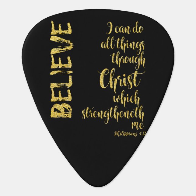 Gold I can do all things through Christ Scripture Guitar Pick (Front)