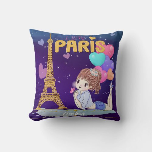 Gold I Love Paris Eiffel Tower Throw Pillow