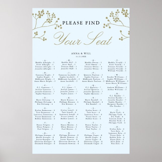 Gold Ice Winter Wedding Alphabetical Seating Chart (Front)