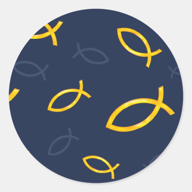 Gold Ichthus Pattern on Navy Blue Background Classic Round Sticker (Front)