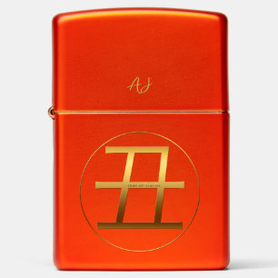 Gold Ideogram Ox Chinese Year Zodiac Monogram L Zippo Lighter