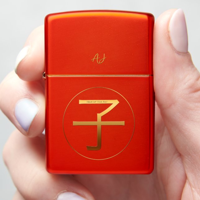 Gold Ideogram Rat Chinese Year Zodiac Monogram L Zippo Lighter (In Hand)