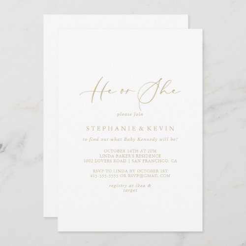 Gold Idyllic Calligraphy He or She Gender Reveal  Invitation