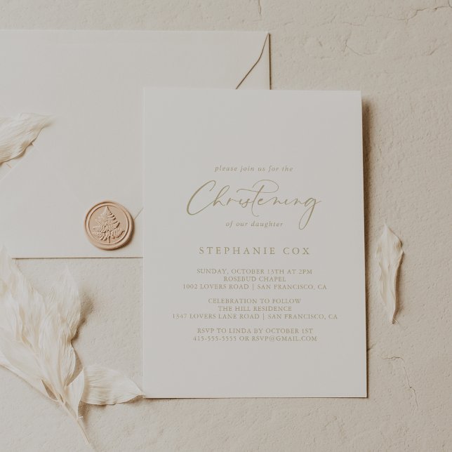 Gold Idyllic Stylish Calligraphy Christening  Invitation (Creator Uploaded)