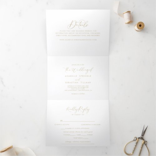 Gold Idyllic Stylish Calligraphy Wedding Tri_Fold Invitation