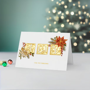 Gold Illuminated Joy Block Letters w/Poinsettias Foil Holiday Card