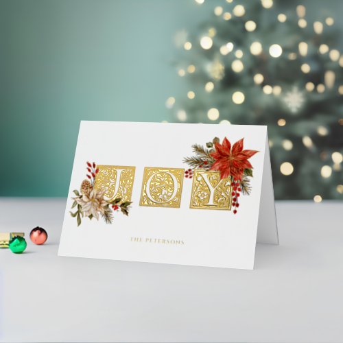 Gold Illuminated Joy Block Letters wPoinsettias Foil Holiday Card