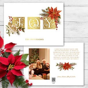 Gold Illuminated Joy Block Letters w/Poinsettias Foil Holiday Card