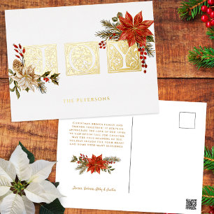 Gold Illuminated Joy Block Letters w/Poinsettias Foil Holiday Postcard