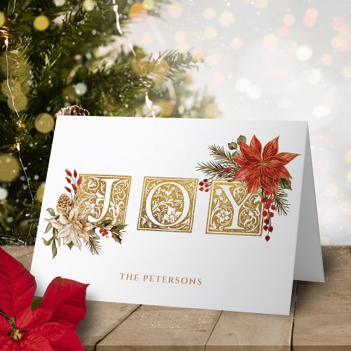 Gold Illuminated Joy Block Letters wPoinsettias Holiday Card
