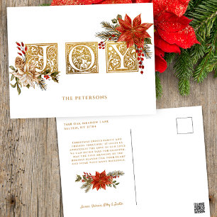 Gold Illuminated Joy Block Letters w/Poinsettias Holiday Postcard