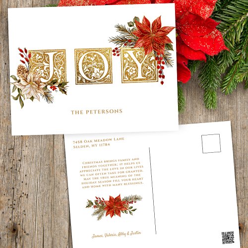 Gold Illuminated Joy Block Letters wPoinsettias Holiday Postcard