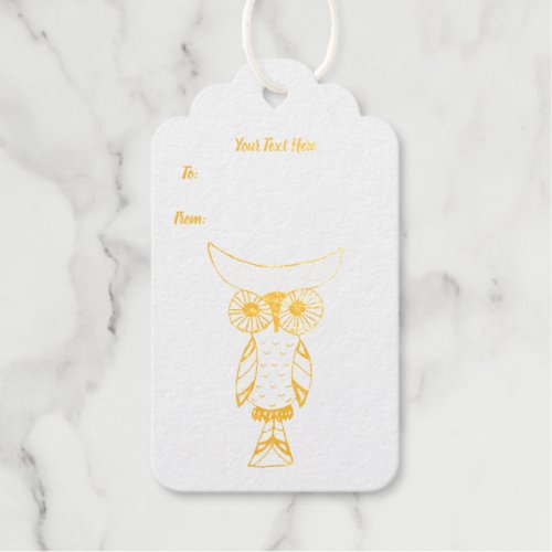 Gold Illustration Fantasy Owl Moon Head Big Eyes Foil Gift Tags