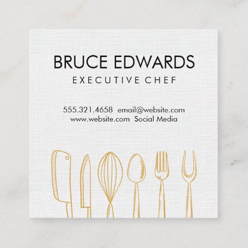 Gold Illustrative Silverware Linen Texture Square Business Card