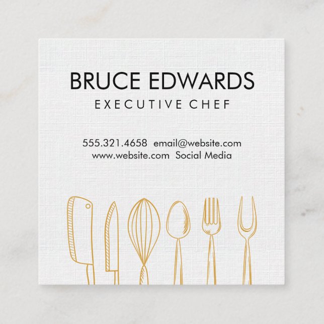 Gold Illustrative Silverware Linen Texture Square Business Card (Back)