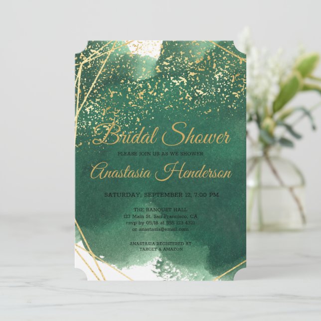 Gold in Green Bridal Shower Invitation. (Standing Front)
