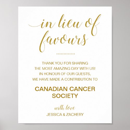 Gold In Lieu Of Favours Charity Donation Wedding Poster