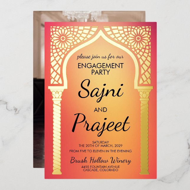 Gold Indian Engagement Party Foil Invitation (Front/Back)