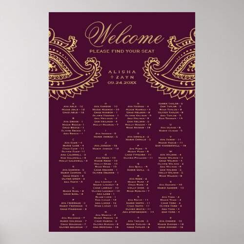 Gold Indian Paisley Alphabetical Seating Chart