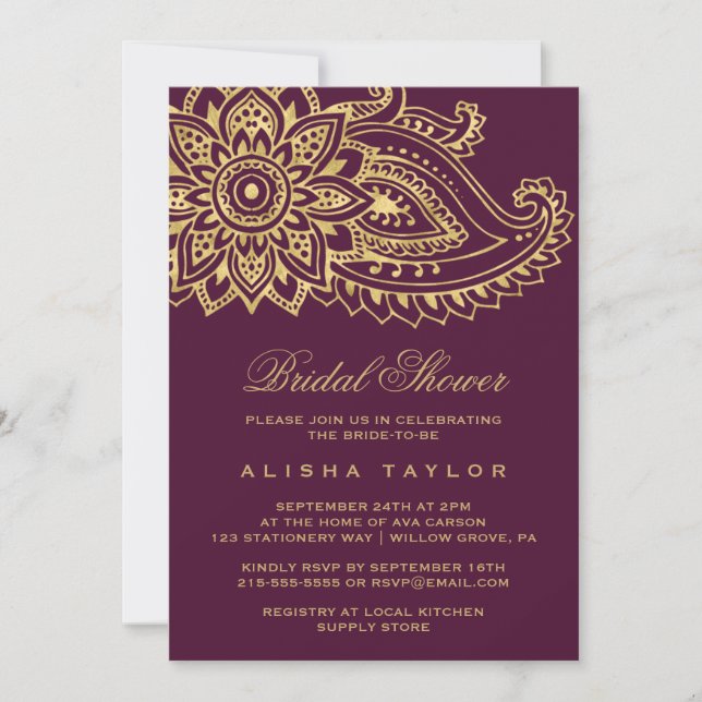 Gold Indian Paisley Bridal Shower Invitation (Front)