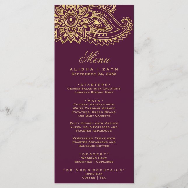 Gold Indian Paisley Dinner Menu Card (Front)