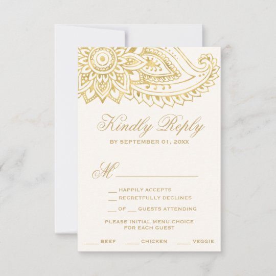 Gold Indian Paisley Menu Choice Rsvp Card Zazzle Com