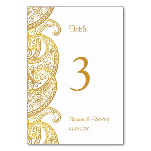 Gold Indian Paisley Traditional Hindu Wedding Table Number