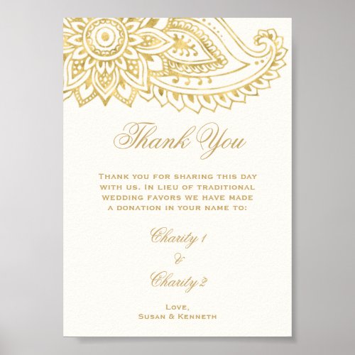 Gold Indian Paisley Wedding In Lieu of Favors Sign