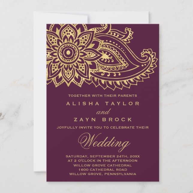 Gold Indian Paisley Wedding Invitation (Front)