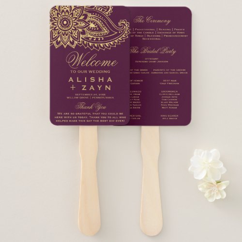 Gold Indian Paisley Wedding Program Hand Fan