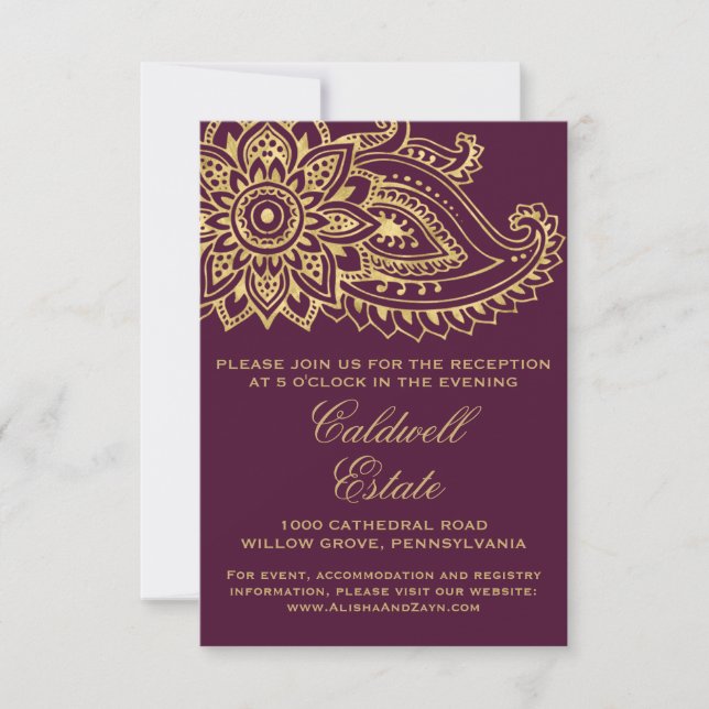 Gold Indian Paisley Wedding Reception Card (Front)