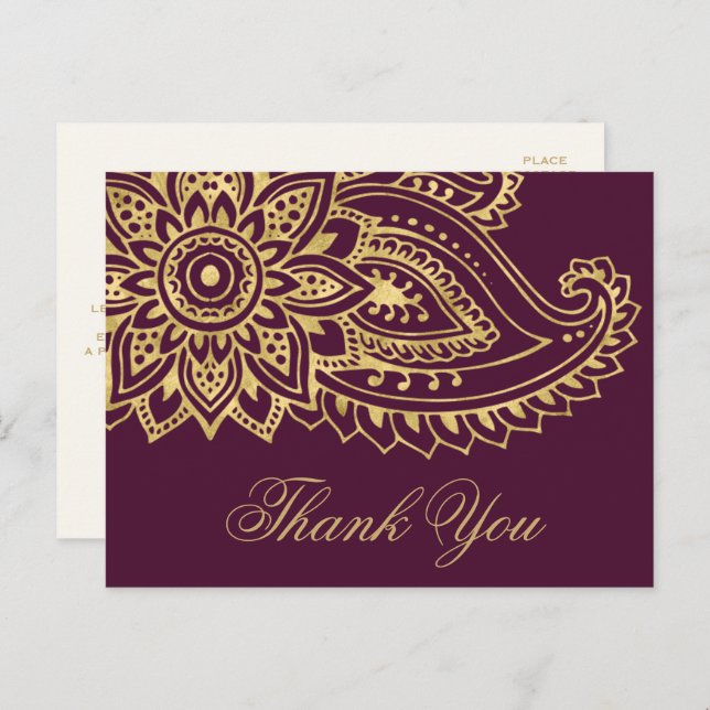 Gold Indian Paisley Wedding Thank You Postcard (Front/Back)